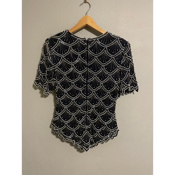 Vintage Laurence Kazar Womens Top Large Navy Silk Beaded Sequin Art Deco Wacky - Picture 3 of 7